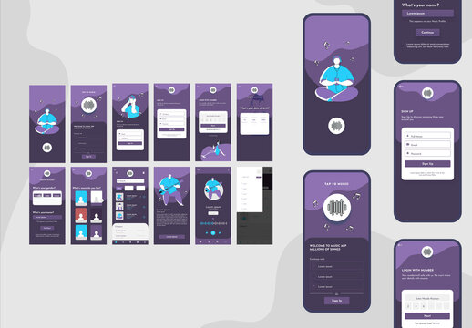 Set of UI, UX, GUI Screens Including as Create Account, Sign in Sign Up for Music App.