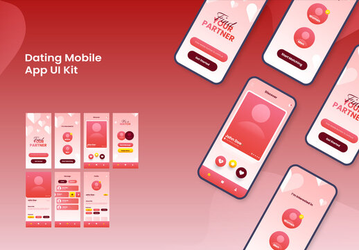 Dating App UI Kit for Responsive Mobile Application or Website with Multiple GUI Including Login, Sign Up, Place and User Profile Type Screens.