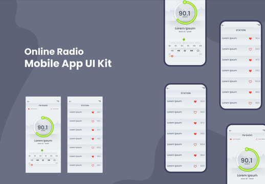 Online Radio Mobile App UI Kit Including FM Radio, Station Screens for Responsive Websites.