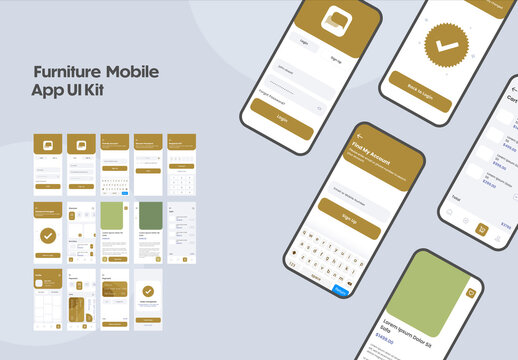 Furniture Mobile App UI Kit with Multiple Screens as Log in, Create Account, Profile, Order and Payment.
