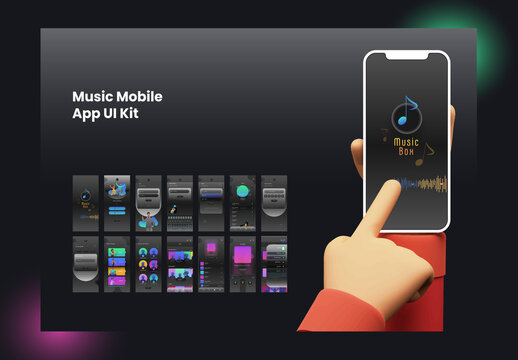 Mobile UI Kit of Music App with Multiple Screens and Creative Account Screens.