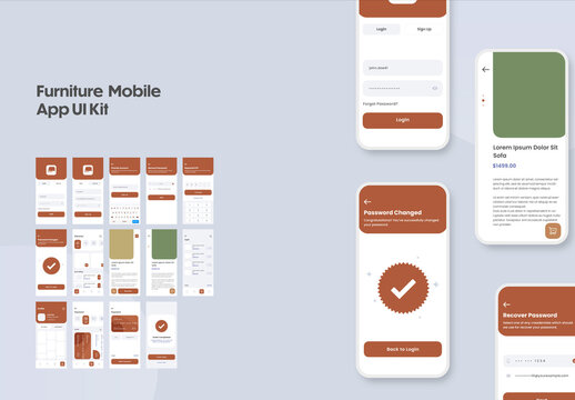 Furniture Mobile App UI Kit with Multiple Screens as Log in, Create Account, Profile, Order and Payment.