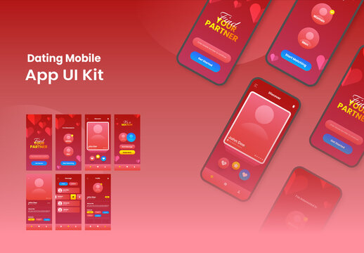 Dating App UI Kit for Responsive Mobile Application or Website with Multiple GUI Including Login, Sign Up, Place and User Profile Type Screens.