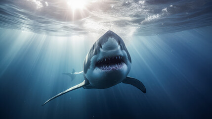 Great white shark underwater filming. Shark swims on camera under sun's rays below surface of water. Rows of sharp teeth. Predatory fish. Marine life. Generated by AI