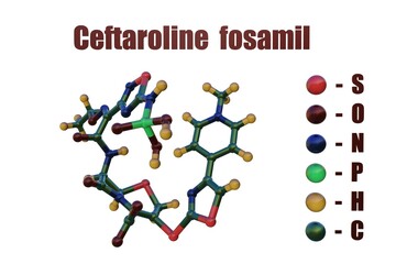 Ceftaroline fosamil, a semisynthetic, broad-spectrum, fifth-generation cephalosporin antibiotic with a potent antibacterial activity. Structural chemical formula and molecular model. 3d illustration