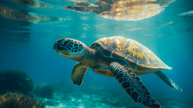 Sea turtle underwater, blue clear water, sun's rays make their way through water. Underwater world. Sea inhabitants. Generated by AI