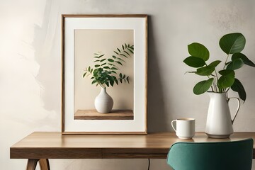 Vertical wooden picture frame, poster mockup in the corner. Wooden table, desk. Modern organic shaped vase. Dry flowers, grass. Old books on window sill. Home staging