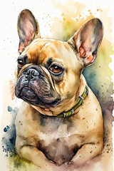 Fawn French Bulldog dog watercolor painting. 