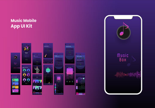 Mobile UI Kit of Music Box with Multiple Screens and Creative Account Screens. Pink and Purple Gradient Color Theme.