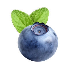 Fresh blueberries with leaves isolated on transparent background Generative AI