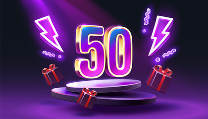 Mega sale special offer, Neon 50 off sale banner. Sign board promotion. Vector illustration