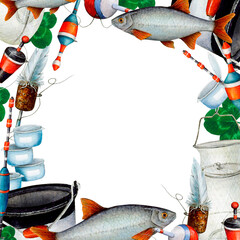 Watercolor drawing square frame from various fishing bobblers, fish, buckets, clover leaves, fishing nets, fishing line, bait cans. White background in the middle. Angling gear for photoframe, logo © Belenova_art
