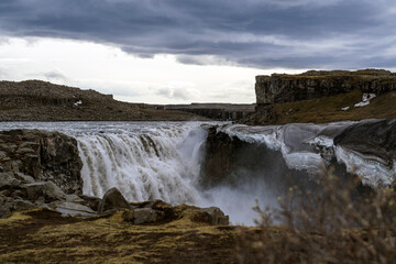 The Dettifoss waterfall in the north of iceland in moody weather in summer