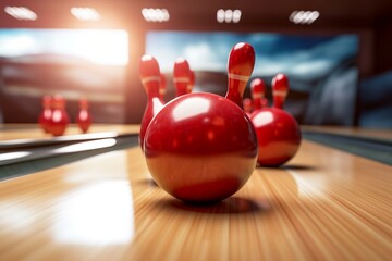 Strike Zone Spectacle Perfect Bowling Strike with Flying Pins and Rolling Ball. AI