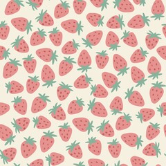 Hand drawn seamless pattern with red strawberry on beige retro vintage background Summer picnic food fruit berry print, fresh food strawberries green leaves, , faded neutral spring kitchen design..