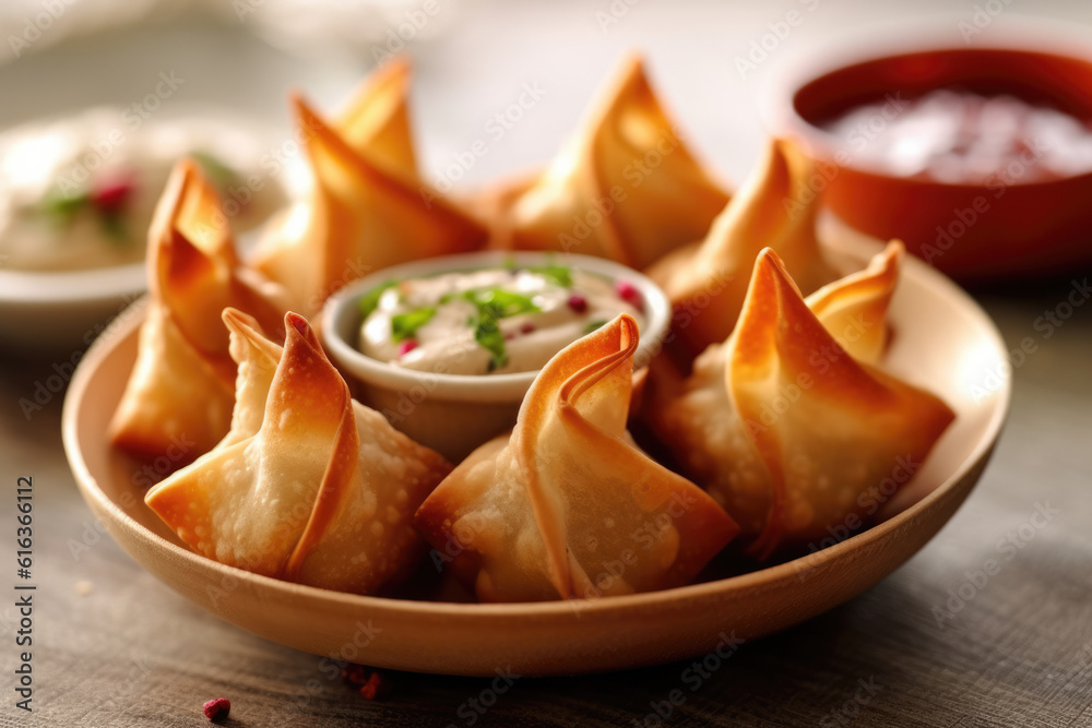 Wall mural Vegetarian samsa or samosas.Indian special traditional street food punjabi samosa