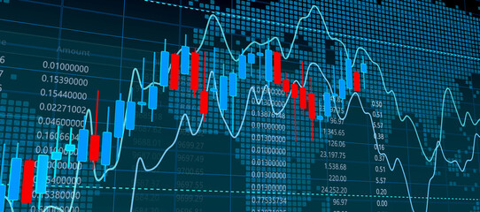 candle stick chart, global stock market, aufstiegs- und falldiagramm für finanzinvestitionen mit wachstumslinie, digitaler börsenhandel, red & blue, world map, amount and value numbers, aufwärtstrend