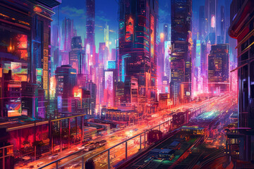 Fototapeta na wymiar A futuristic cityscape with vibrant, glowing billboards illuminating the skyline, creating a mesmerizing display of lights and colors.