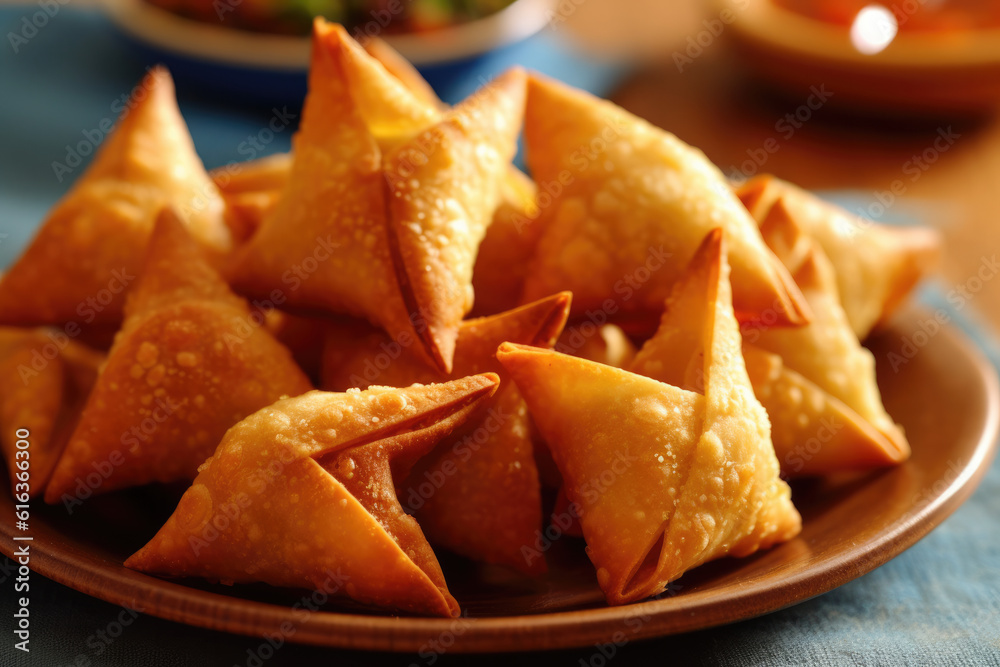 Wall mural Vegetarian samsa or samosas.Indian special traditional street food punjabi samosa