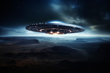 Fototapeta na wymiar Flying saucer of aliens in flight. Generative AI