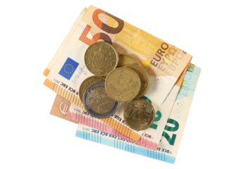 Euro folded paper note with metal coins, cents, cash money isolated on white, top view 