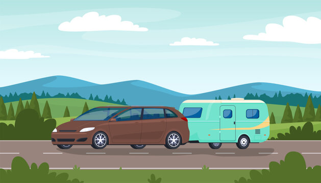 A family car pulls a trailer against the background of nature. Tourist trailers for travel and recreation. House on wheels. Vector illustration