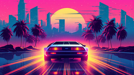 80s retro illustration car driving with sunset view. Synthwave 80s Vibes - obrazy, fototapety, plakaty