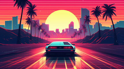 Fototapeta na wymiar 80s retro illustration car driving with sunset view. Synthwave 80s Vibes