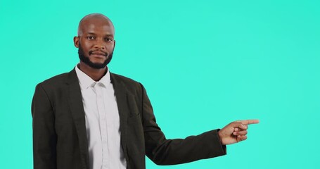 Pointing, business man and presentation, list of information and plan or timeline for career advice, results and news. Steps, face and corporate, african person show job process on studio background