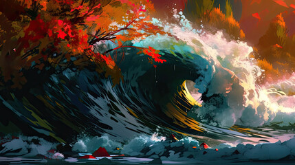 Generative AI illustration digital abstract impressionism painting of tidal wave and woodland colliding in nature