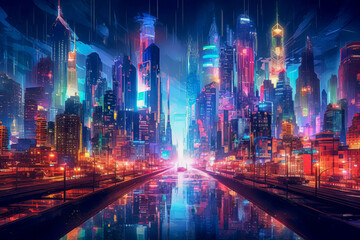 Fototapeta na wymiar A futuristic cityscape with vibrant, glowing billboards illuminating the skyline, creating a mesmerizing display of lights and colors.