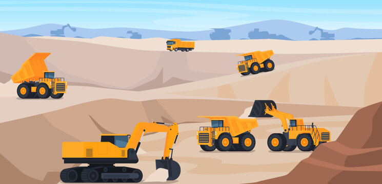 Quarry with open-type rock. Heavy quarry equipment for the extraction of minerals. Excavators and dump trucks of large sizes. Vector illustration