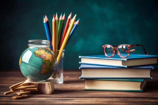 Honoring World Teachers' Day Books with Pencils and Eyeglasses, Tools of Knowledge. AI