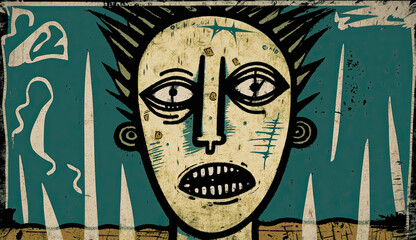 Obraz premium Generative AI illustration of art brut style image of groups of very stylized faces and people