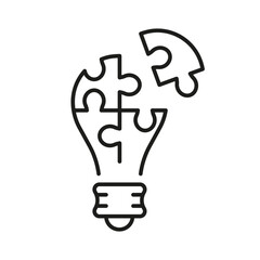 Puzzle in Lightbulb Shape Line Icon, Idea Concept. Jigsaw and Light Bulb, Inspiration for Innovation Pictogram. Creative Success Strategy Outline Sign. Editable Stroke. Isolated Vector Illustration