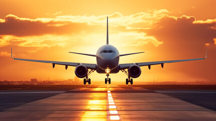 Fototapeta na wymiar Airplane landing to airport runway in sunset. Take off in sunset