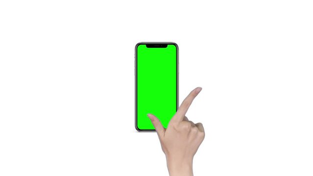 Woman using iPhone 12 Pro Max Smartphone with Green Mock-up Screen. 13 Swiping, Scrolling Gestures. Mobile Phone Mock Up, Internet Social Networks Browsing. POV.