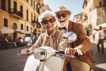 Retired happy couple on a scooter in a Mediterranean country on a vacation. Pension plan . High quality photo - obrazy, fototapety, plakaty