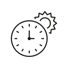 Clock and Sun Linear Pictogram. Summer Time Line Icon. Alarm for Sunbathing. Sunrise and Sunset Hours Sign. Morning Sunshine, Summertime Outline Symbol. Editable Stroke. Isolated Vector Illustration