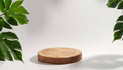 Natural round wooden stand for presentation and exhibitions on white background with shadow. Copy space.