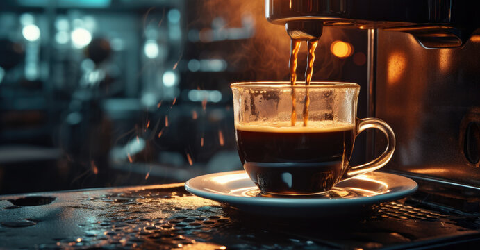 Kaffee l&auml;uft aus einen Kaffeeautomat in das Kaffeeglas, Coffee runs from a coffee machine into the coffee glass