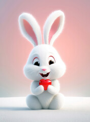 Cute cartoon plush bunny holding red heart for Valentine`s Day (Generative AI)