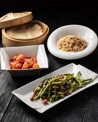 Closeup on asian lunch set on black background