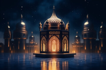 Fototapeta na wymiar Lantern with night light background for the Muslim feast of the holy month of Ramadan Kareem