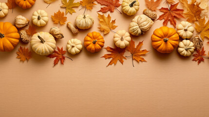 Creative autumn pattern with leaves and pumpkins on a beige background. Minimal Thanksgiving concept. Flat lay