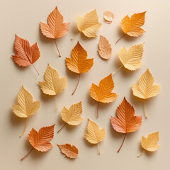 Creative autumn pattern with leaves on a beige background. Minimal Thanksgiving concept. Flat lay
