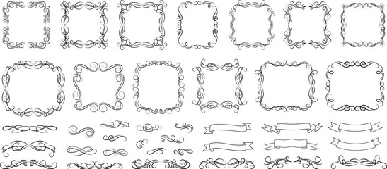 Calligraphic design elements . Decorative swirls or scrolls, vintage frames , flourishes, labels and dividers.