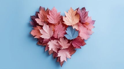 Beautiful autumn leaves arranged in the shape of a heart against a light blue background. Minimal natural love concept. Flat lay