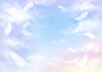 カラフルで幻想的な空に羽根の背景　水彩イラスト © miko