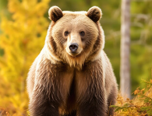 Fototapeta premium A large brown bear stands in the forest
